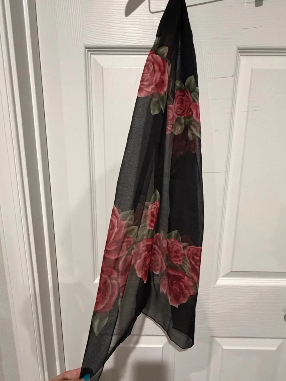 Black Floral Sheer Scarf with Pink Rose Pattern